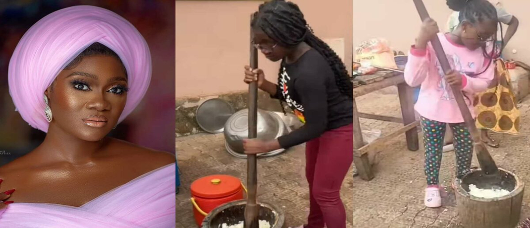 “If you can eat it, you can pound it” – Mercy Johnson teaches her daughters how to pound yam [Video] image