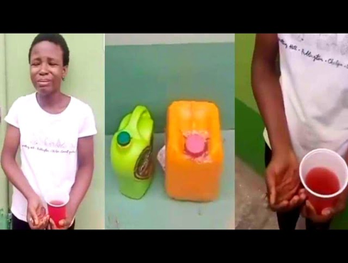 “What a wicked world” – Maid caught attempting to pour a squeezed menstrual pad inside a keg of palm oil (Video) image