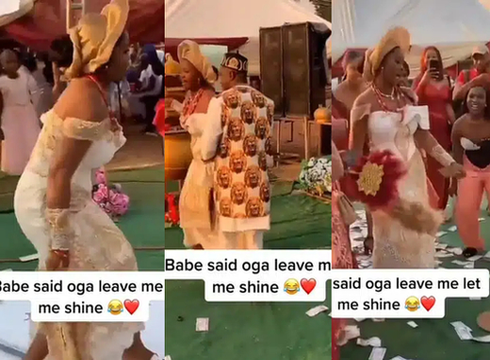 Bride causes stir as she scatters dance floor with energetic moves-"She don too See sega" image