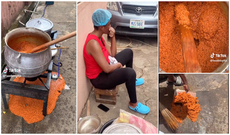 Lady in Tears as Her Jollof Rice Pours on the Ground While She Was Cooking.